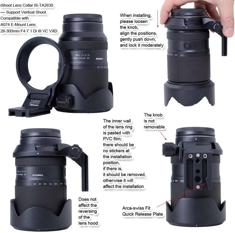 iShoot Lens Collar Tripod Mount Ring Compatible with Tamron 28-300mm F4-7.1 Di III VC VXD A074 E-Mount, Support Holder Bracket Quick Release Plate Compatible with Arca-Swiss Fit Clamp and Stabilizer - Image 4